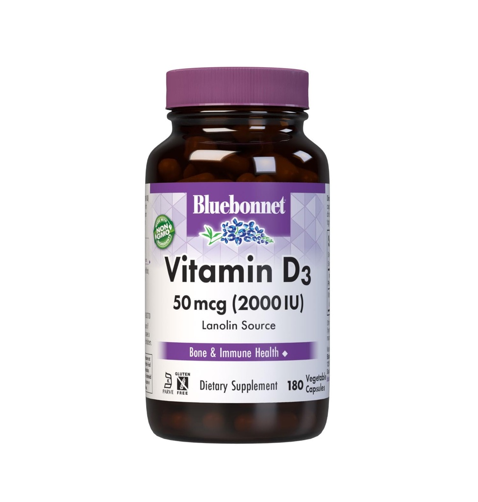 Bluebonnet Nutrition Vitamin D3 2000 IE Vegetabilsk kapsel, Støtte i muskel - og skeletvækst, Cholecalciferol fra Lanolin, D3, Non GMO, Gluten Free, Soy Free, Milk Free, Kosher, 180 Vegetabilsk kapsel