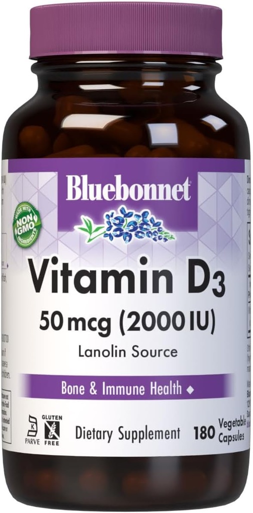 Bluebonnet Nutrition Vitamin D3 2000 IE Vegetabilsk kapsel, Støtte i muskel - og skeletvækst, Cholecalciferol fra Lanolin, D3, Non GMO, Gluten Free, Soy Free, Milk Free, Kosher, 180 Vegetabilsk kapsel