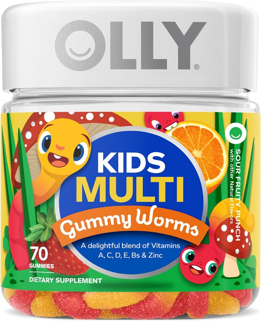 OLLY Kids Multivitamin Gummy Worms Sour Fruit Punch Vitaminer A C D E Bs Zink 45 Day Supply 70 Greve