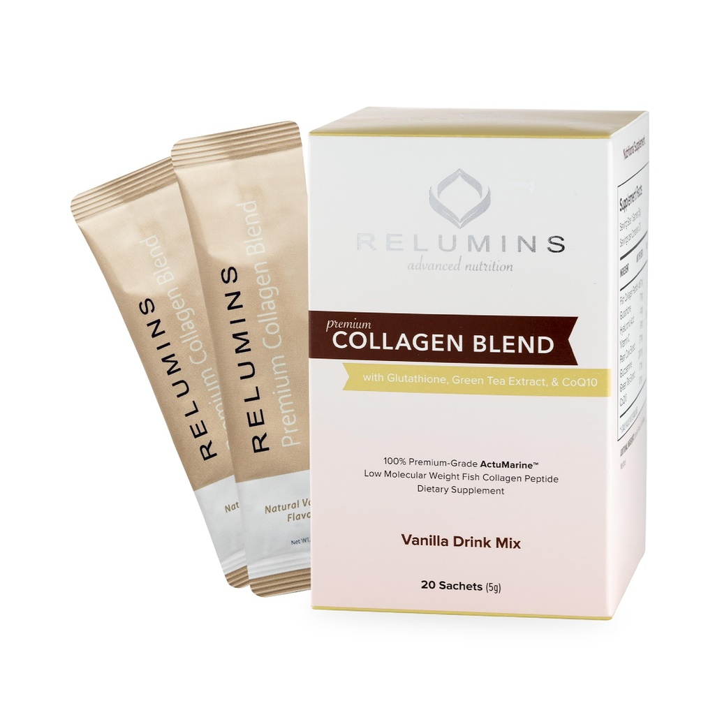 Reluminer Marine Collagen Powder Drink Mix - Collagen Peptid med Glutathion, grøn te, CoQ10, & Hyaluronsyre Øger glat glødende hud - 20 Powder Sachets x Vanilla Flavored + 2 Free Sachets