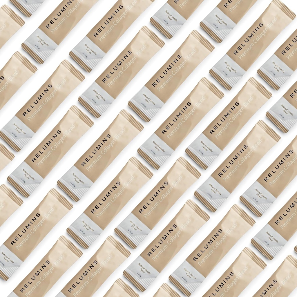 Reluminer Marine Collagen Powder Drink Mix - Collagen Peptid med Glutathion, grøn te, CoQ10, & Hyaluronsyre Øger glat glødende hud - 20 Powder Sachets x Vanilla Flavored + 2 Free Sachets