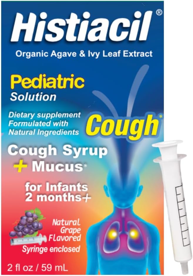 Histiacil Organic Agave Jarabe para TOS, Spædbørn 2 Måneder og Ældre, Hoste + Mucus Relief Lavet med Agave & Ivy Leaf Extract, Pædiatrisk Formel for Børnenes Daglige Mucus Grape Flavor, 2 fl oz