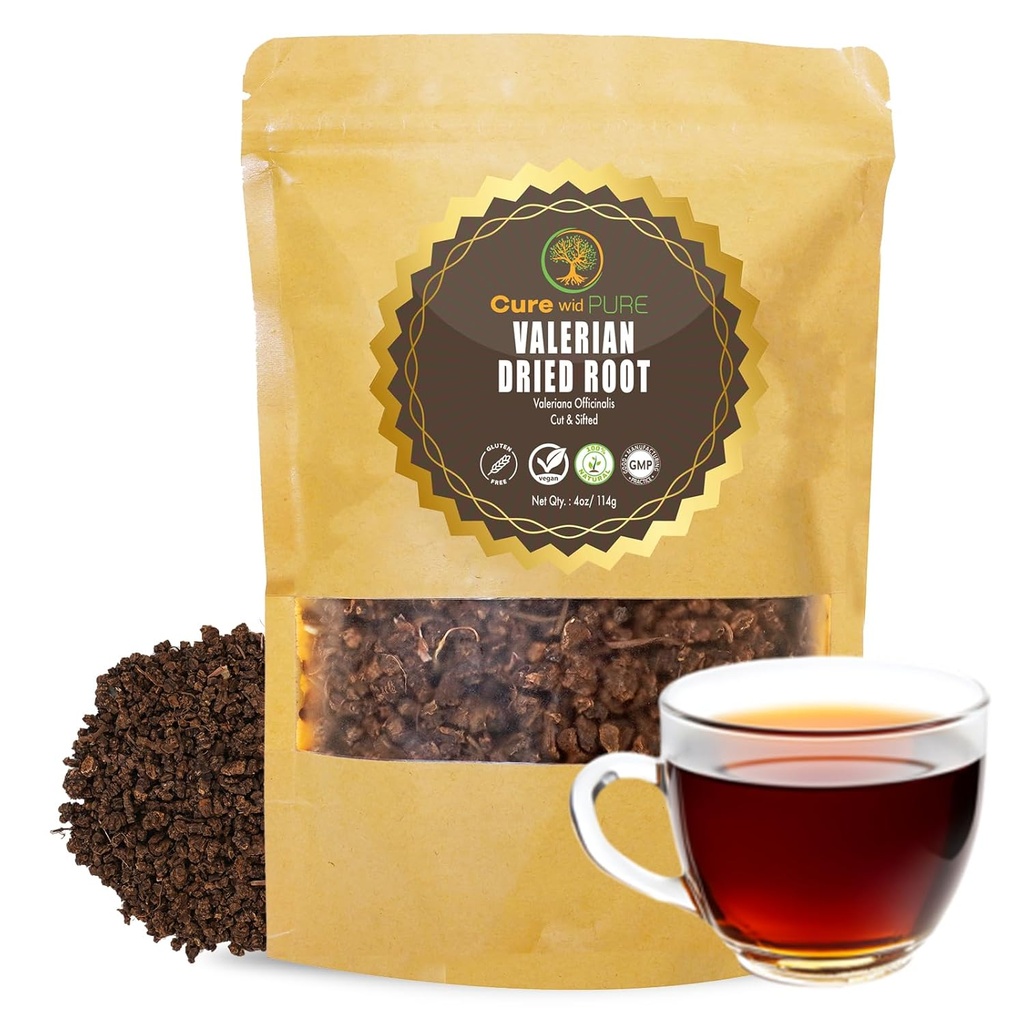 Cure wid Pure Organic Valerian Root Tea - Cut,Sifted & Non-Irradiated Valerian Tea Promotes Natural Relaxing Sleep - Te De Valeriana officinalis in Resealable Eco Friendly Pouch 4oz