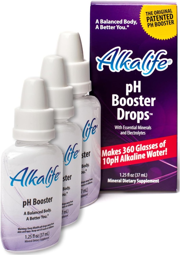 Alkalife Alkaline Vanddråber - Den første Patenterede Alkaliserende pH Booster w / Minerals & Elektrolytes - Balance pH, Neutralisere syre, immunstøtte, Peak Performance, Detox, Samlet Wellness - Pack af 3
