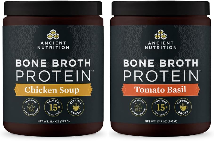 Ancient Nutrition Bone Broth Protein Powder, Chicken Soup, 15 Servere + Bone Broth Protein Powder, Tomato Basil, 15 Servere