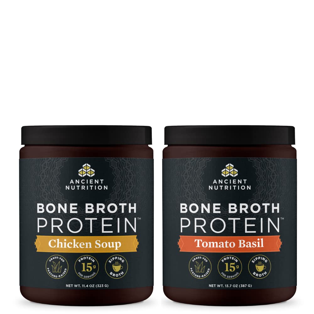 Ancient Nutrition Bone Broth Protein Powder, Chicken Soup, 15 Servere + Bone Broth Protein Powder, Tomato Basil, 15 Servere