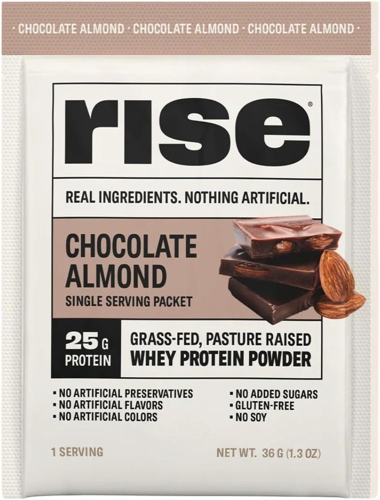 Rise Grass- Fed Whey Protein Powder - Sample Chocolate Mandel- 124; 25g Protein Ingen Kunstig Articular, Farver, eller Konserveringsmidler - Sugar Free, Gluten- Free, Soy Free (Single Serving)