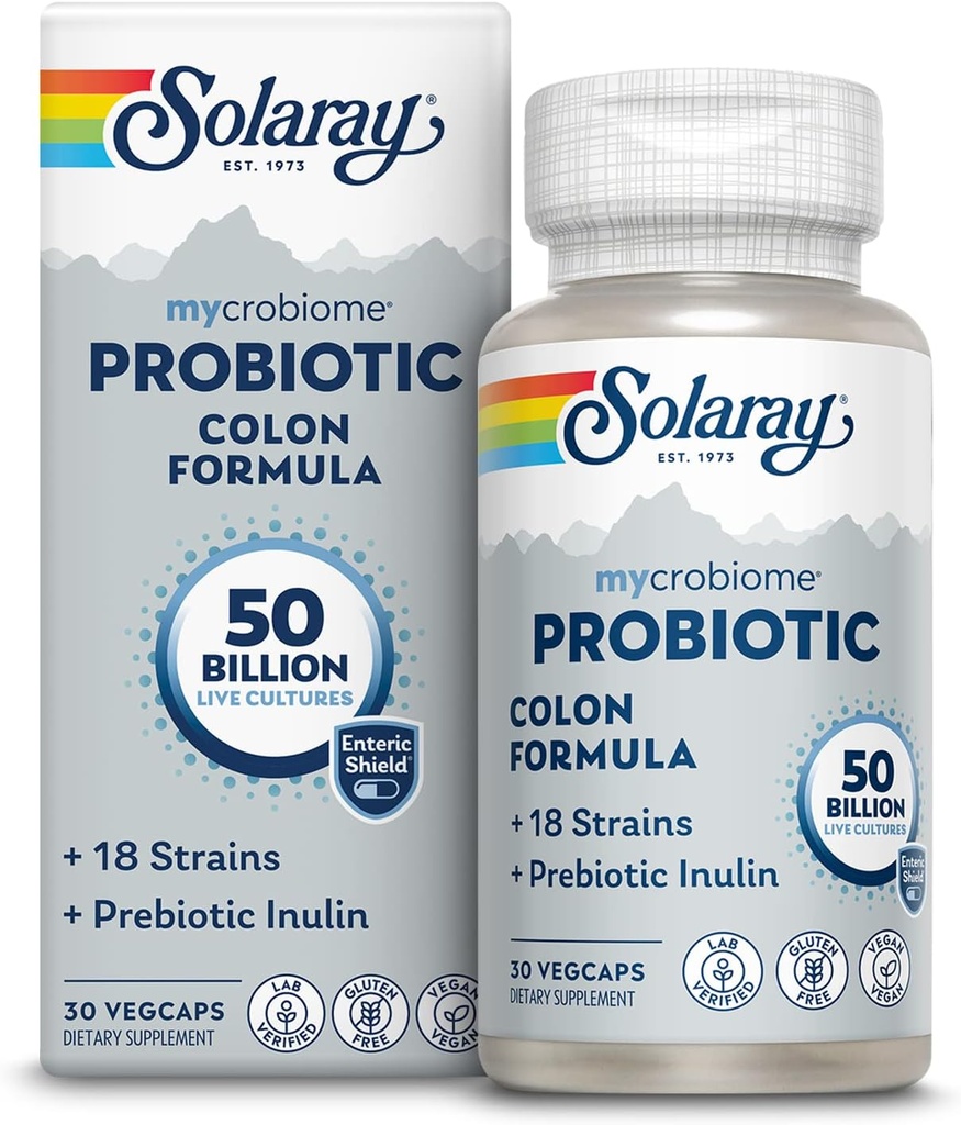 SOLARAY Mycrobiome Probiotic Colon Formel, Vegan, fordøjelsesfunktion, kolon sundhed, og immunsystemet støtte, 50 Millioner CFU, 18 Strops, Prebiotic Inulin, 60- dag garanti, 30 Servere, 30 VegCaps