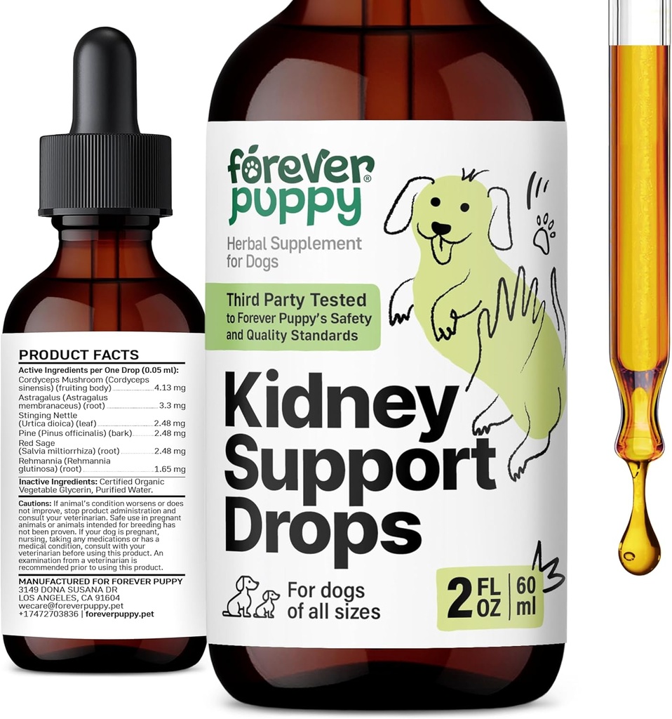Forever Puppy Nyre Support Drops til Hunde - Cordyceps Mushroom, Astragalus, Stinging Nettle Leaf Extract - Flydende hundevitaminer og kosttilskud - Sukker & Alkohol- Gratis tinktur - 2 fl oz