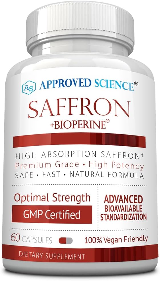 Godkendte Science ® Saffron Standardiseret til 3% Crocin, 2% Safranal - høj- Absorption BioPerine - Vegan, 60 kapsler - Pakning med 1 stk.