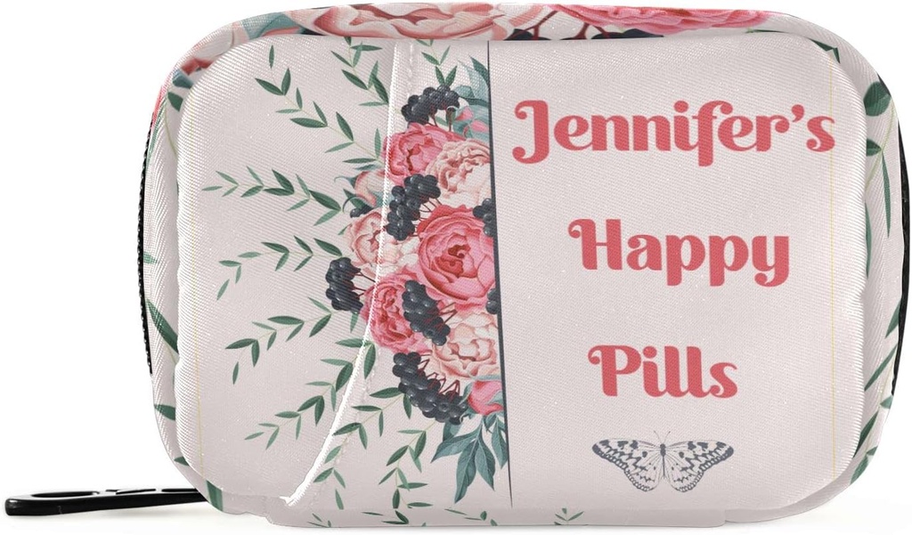 Custom Pill Box 7 Day Pill Case Bag Blossom Flower Personalized Name Travel Pill Organizer Bag with Zipper Portable Weekly Case Compact Size for Vitamin Supplement Holder