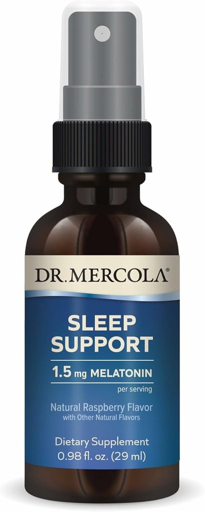 Dr. Mercola Sleep Support med Melatonin Spray - Understøtter Rastful Sleep - Non- GMO, Gluten- Free & Soy- Free - Natural Raspberry Flavor - 0,98 fl oz (35 Serveringer)