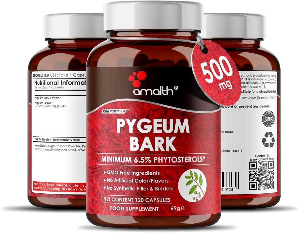Amality Pygeum Bark ekstrakt Powder højere potens (6,5% phytosteroler) Understøtter urinveje og prostata sundhed mænd herbal kosttilskud 120 kapsler (ikke-GMO)