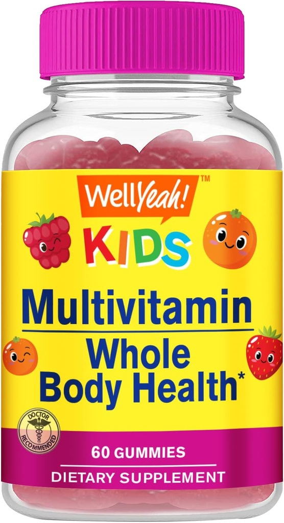 WellYe Kids Multivitamin Gummier; C-vitamin, D3, E, A, B6, B12, biotin, zink, folinsyre, jod og niacin; immunforsvar og energistøtte; Orange og Berry Flavor; 124; 60 Tælling