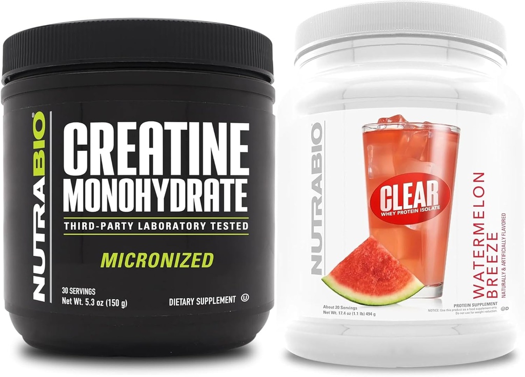 Nutrabio Creatine monohydrat, Unflavored, (150 g) og Clear Whey Protein Isolate, (Watermelon Breeze) Supplement Bundle - Muskelenergi, maksimal vækst, inddrivelse, og styrke