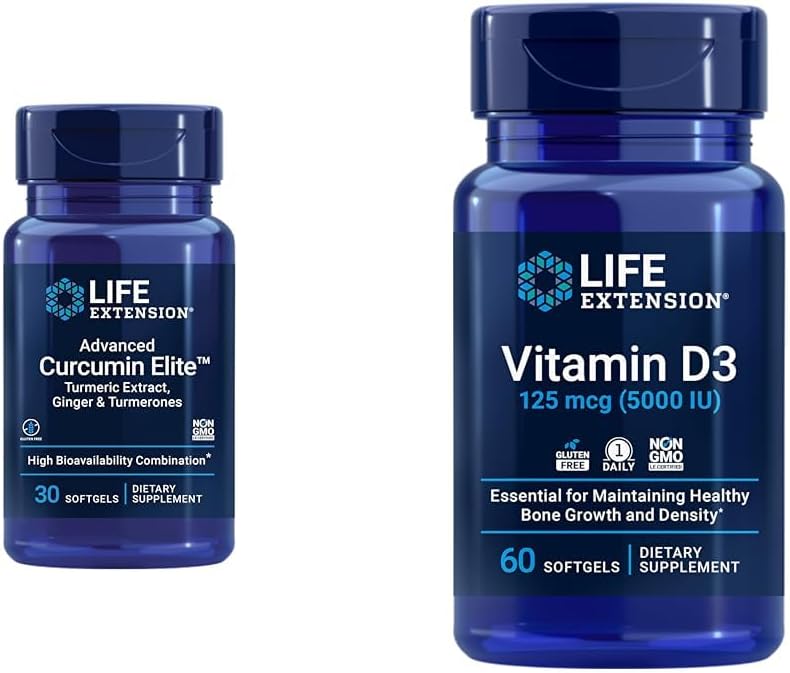 Life Extension Curcumin Elite Turmerisk Ginger Extract & Vitamin D3 5000 IE Softgels - Sund inflammatorisk immunrespons og knoglerum - 30 & 60 Tæl