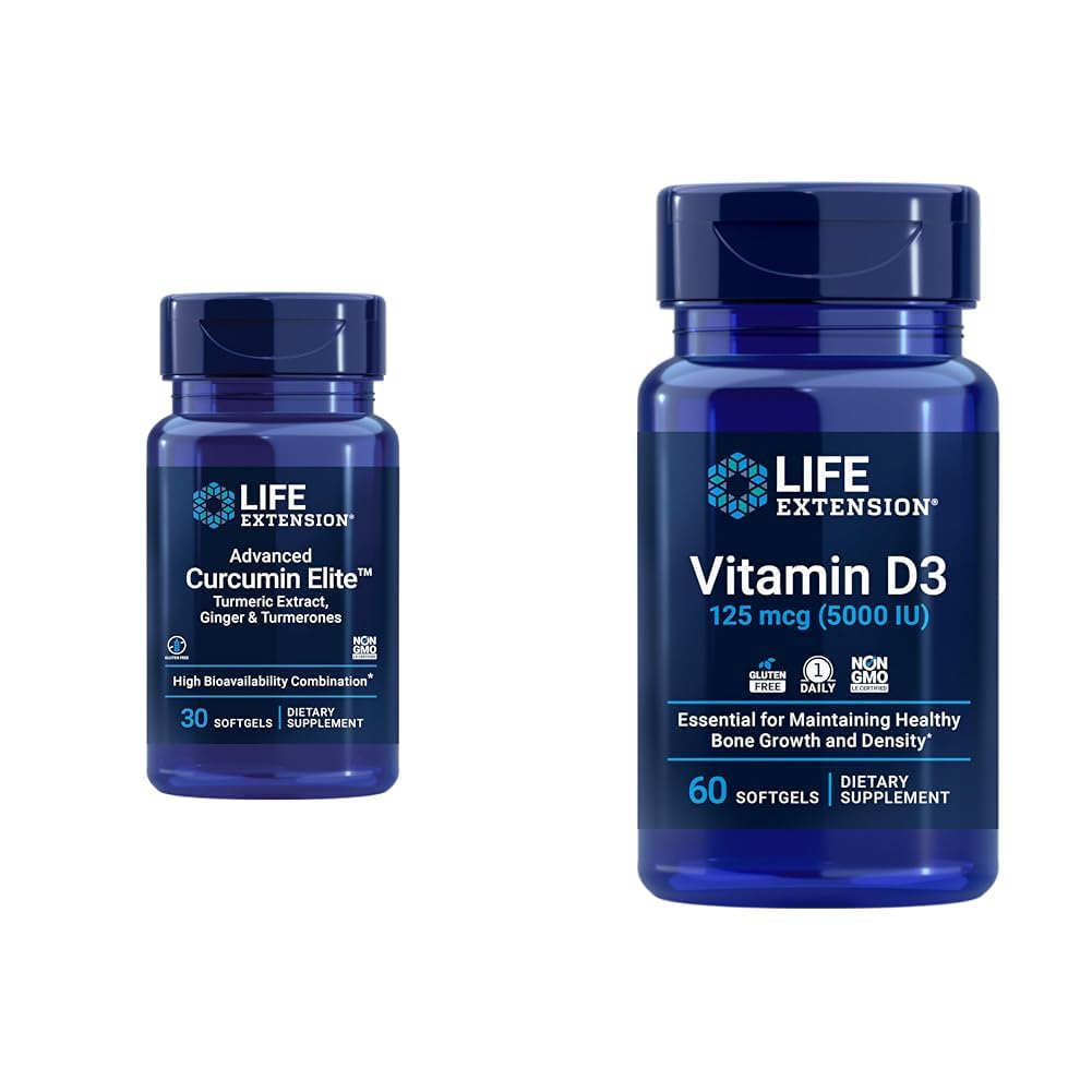 Life Extension Curcumin Elite Turmerisk Ginger Extract & Vitamin D3 5000 IE Softgels - Sund inflammatorisk immunrespons og knoglerum - 30 & 60 Tæl