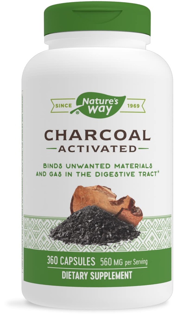 Nature 's Way Aktiveret Charcoal, Binds Uønskede materialer og gas i fordøjelsestrakten *, 560 mg pr. 2-Capsule Serving, 360 kapsler (Packaging May Vary)