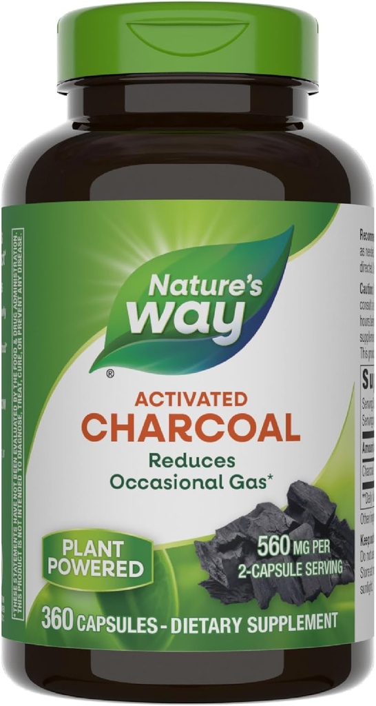 Nature's Way Activated Charcoal, Binds Unwanted Materials and Gas in the Digestive Tract*, 560 mg per 2-Capsule Serving, 360 Capsules (Packaging May Vary)