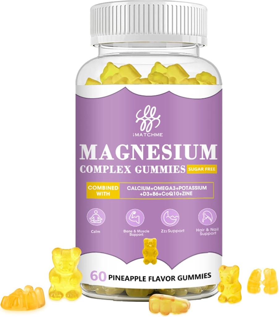 iMATCHME Magnesium Glycinate Gummies med Magnesium Malat, Taurat, Citrate, Kalium Complex tillæg med CoQ10, Calcium, Understøttelse til hukommelse, Ben, rolig, søvn, 60 Ananas Gummies
