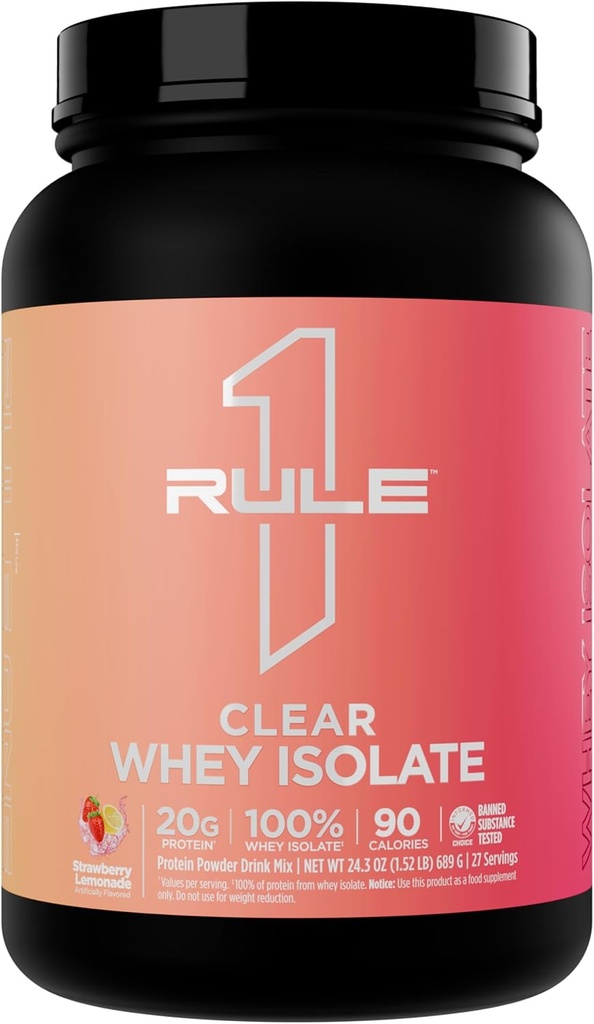 Regel 1 Clear Whey Isolate - 20g All- valle Isolate Protein, Over 9g EAA, 300mg af elektrolytmineraler, 90 kalorier, lys, Crisp, og genopfriskende smag (27 Servere, Jordbær Lemonade)