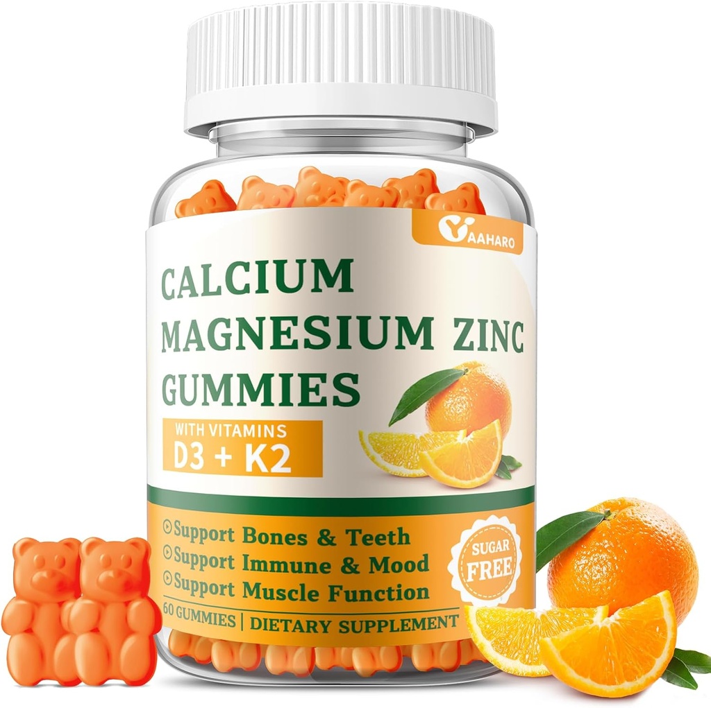 Calcium Magnesium Zinkgummier med vitamin D3 & K2 - Sukker fri Calciumgummier til kvinder og mænd - Knogle- og immunstøtte - Non- GMO, Gluten- fri, Orange Flavored - 60 Gummies