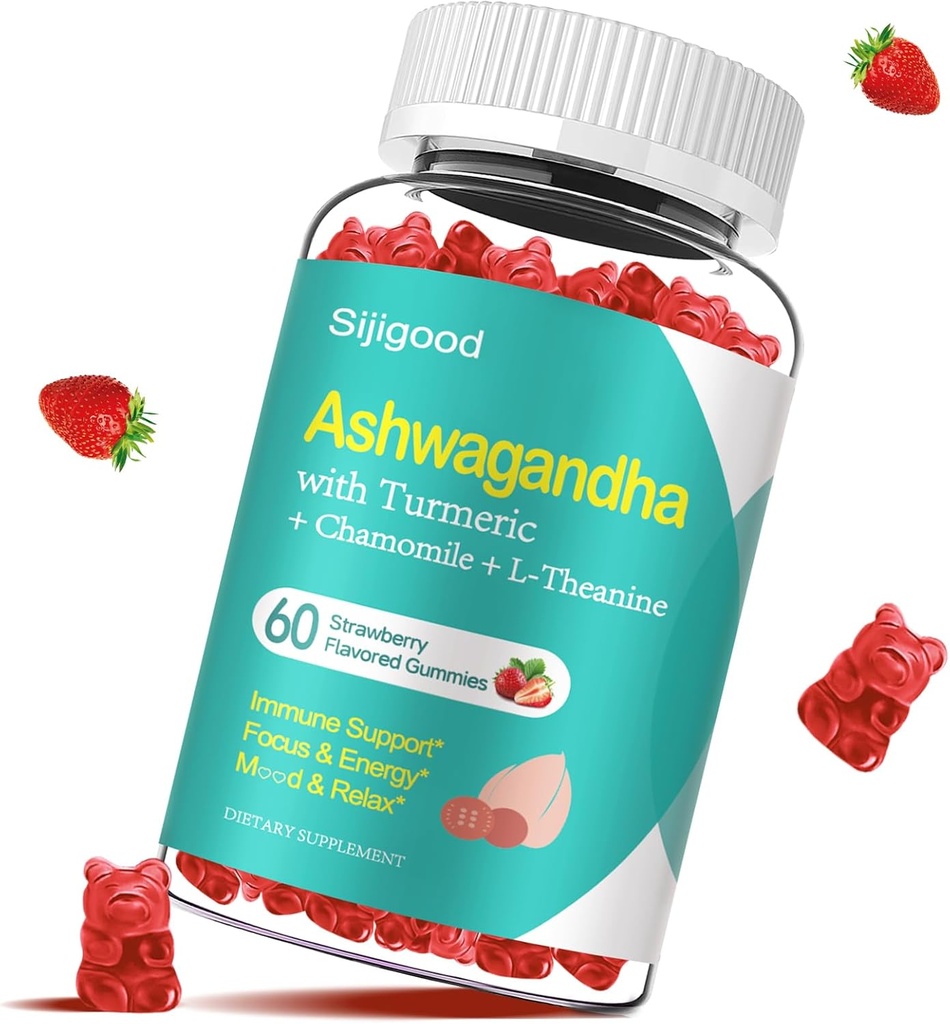 Ashwagandha Gummies med L- theanin, Ashwa Root Supplement Gummy for Women Mænd, 60 Strawberry Flavored Gummies