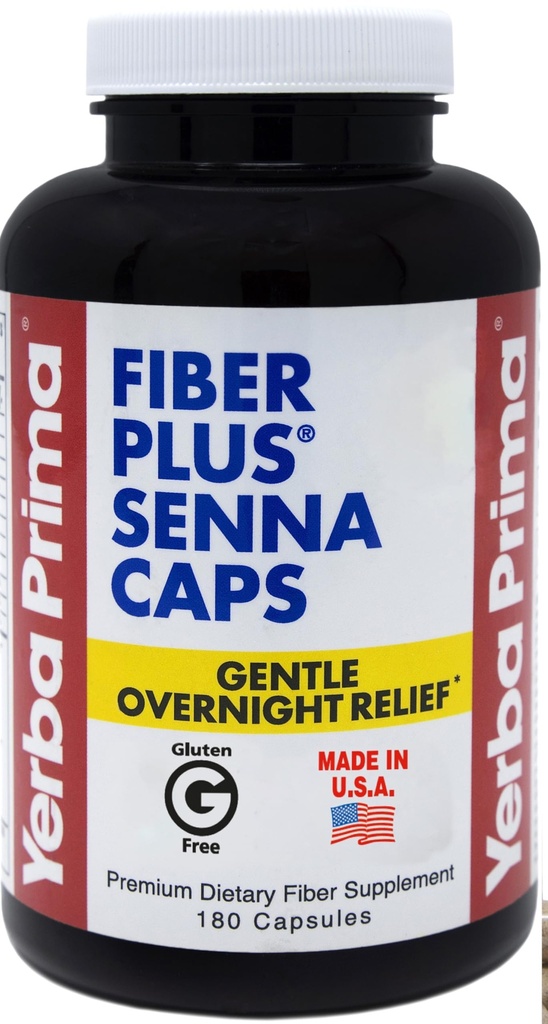 Yerba Prima Fiber Plus Senna kapsler, 180 Greve - genert Overnatning Relief, USA Made, Non- GMO, Gluten- Free