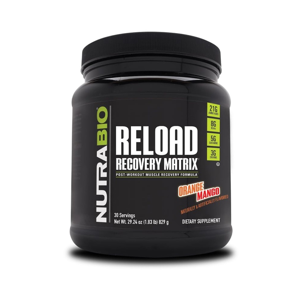 NutraBio Reload - Kraftfuld Muscular Recovery Formel - efter-workout Supplement - 3G Creatin - 8G BCAAs - 5G Glutamin - 30 Servere, Orange Mango