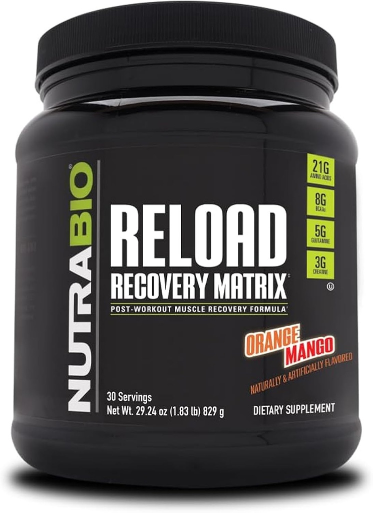 NutraBio Reload - Kraftfuld Muscular Recovery Formel - efter-workout Supplement - 3G Creatin - 8G BCAAs - 5G Glutamin - 30 Servere, Orange Mango
