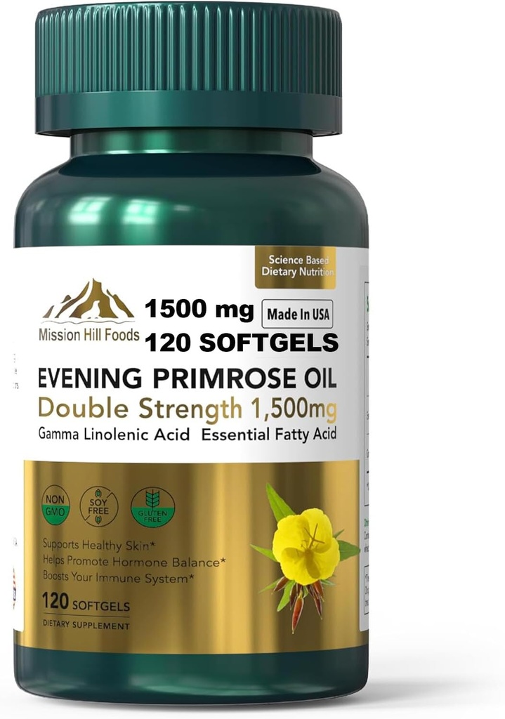 Aften Primrose Oil (1500mg) Note 124; High GLA for Hormonal Balance & Hud Sundhed (1 flaske-120 Softgels- 2mo Supply) No-GMO, Gluten- Free