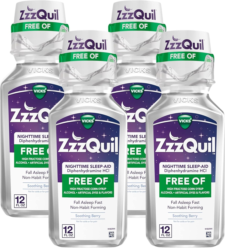 ZzzQuil, Nighttime Sleep Aid Flydende, fri for alkohol & kunstige farvestoffer, 50 mg Diphenhydramin HCl, No1 Sleep Aid Brand, Fall Assapy Fast, Non- Habit Forming, Lindrende Berry Flavor, 12 FL OZ (pakke med 4)