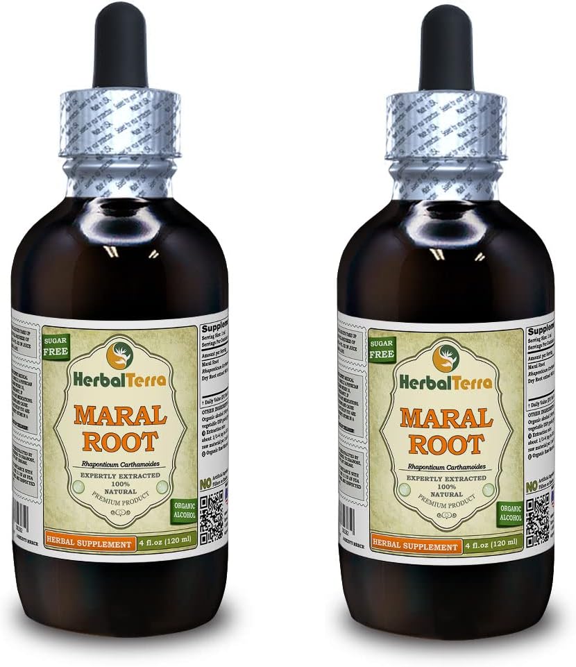 Maral Root (Rhaponticum Carthamoides) Tinktur, Økologisk Tørret Rødder Flydende Uddrag (Brand Name: HerbalTerra, Stolt Made in USA) 2x4 fl.oz (2x120 ml)