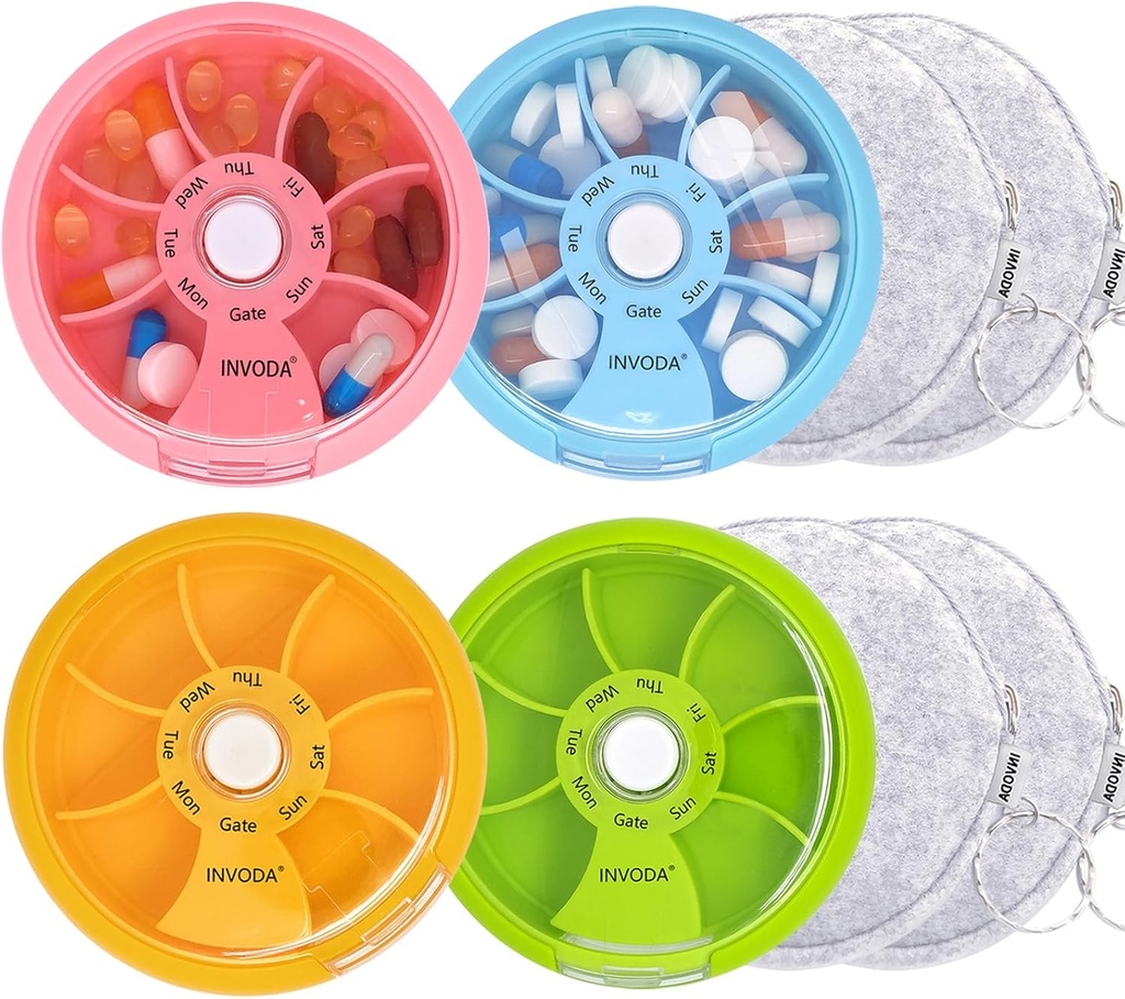 Pill Organizer Lille Pill sag 7 Dag Bærbar rejse Pill Box Cute Daily Pill Container for Medicine Fish Oil Supplements Vitamin Case (4PCS + Bag 4PCS)