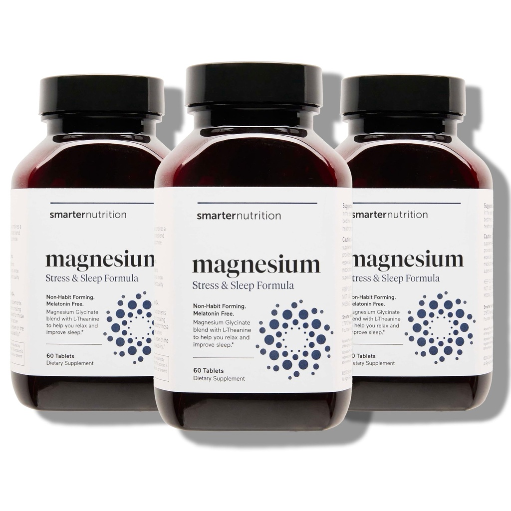 Smarter Nutrition Magnesium Complex - Chelated Magnesium Glycinate + Citrate, Malat til søvn, afslapning, Muscle & Nerves + Klinisk proven L- Theanin, Non- GMO- 180 tabletter [90- Day Supply]