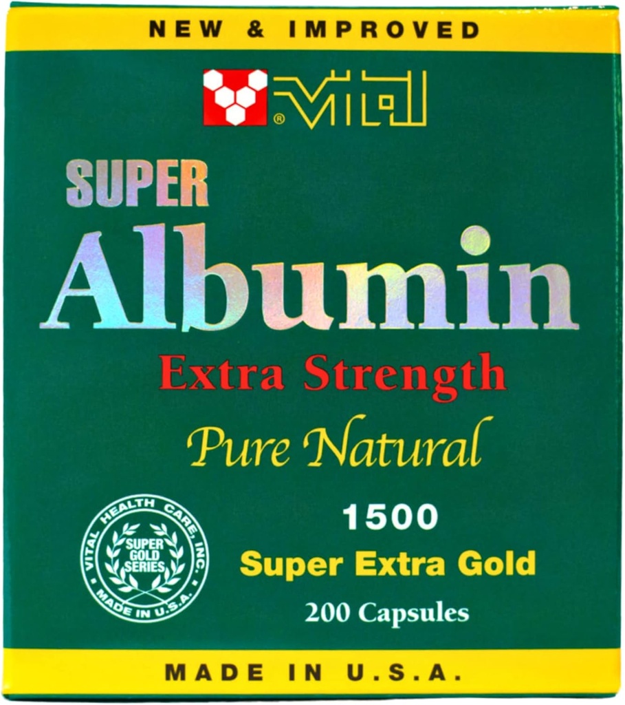 Ny & forbedret Super Albumin Guld Extra Strenth 1500 mg 200 kapsler