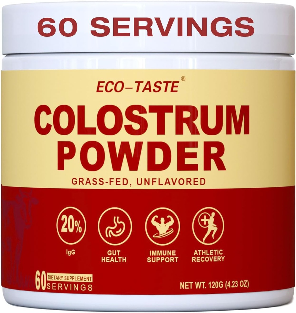 ECO-TASTE Colostrum Powder | 20% IgG Concentrated Pure Bovine Colostrum Superfood, No additive, Gluten Free, Unflavored, 60 Servings