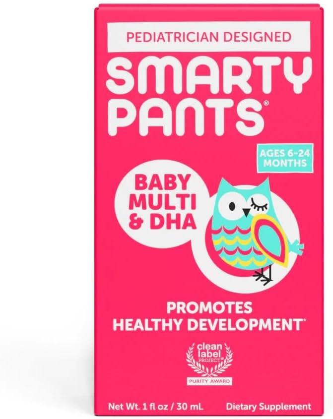SmartyPants Baby Multi & DHA supplement: Flydende Multivitamin med D3-vitamin, C, B6-vitamin, biotin, cholin & Lutein, for spædbørn 6-24 måneder, Gluten Free, Natural Fruit Flavor, 30 Servering (Pakke Maj Vary)