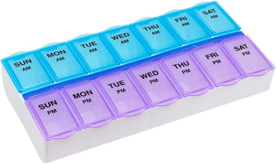 EZY DOSE Weekly (7-dag) AM / PM Daily Pill Case, Medicine Planner, Vitamim, Fish Oil, Kosttilskud Organizer Container, Store Compartments, 2 gange om dagen, Blå og lilla låg, BPA Free