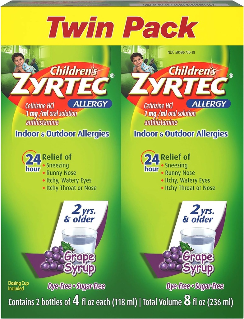 Zyrtec 24 Hr Børneallergi Syrup med Cetirizin, Sukkerfri Grape, Twin Pack med 4 fl. oz