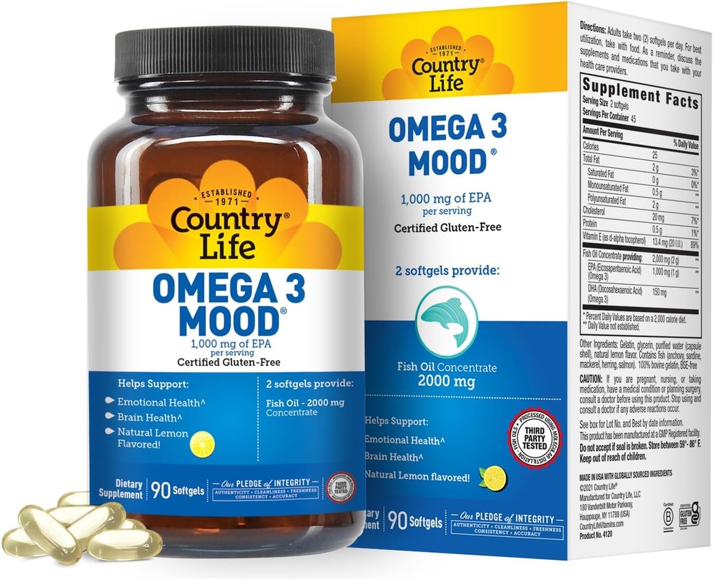 Country Life Omega 3 Mood - 2000mg Fish Oil med EPA & DHA - Brain, Heart & Mood Support - Lemon Flavored, Ingen Fishy Eftersmag - Certified Gluten Free, Non- GMO - 90 Softgels