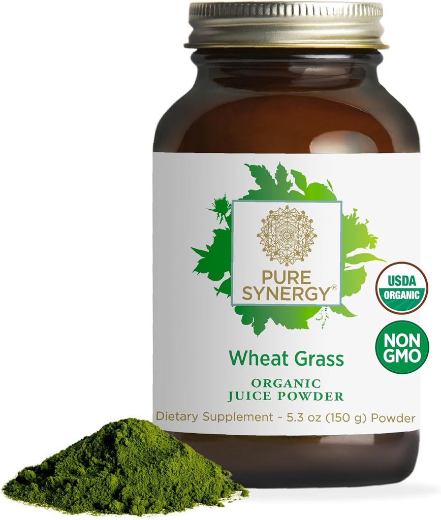 PURE SYNERGY Økologisk Hvedegræs Juice Powder # 124; Chlorophyll- Rich Green Juice Powder # 124; Raw Organic USA Hvedegræs # 124; for energi, alkaline balance, og fordøjelsesstøtte (5.3 oz.)