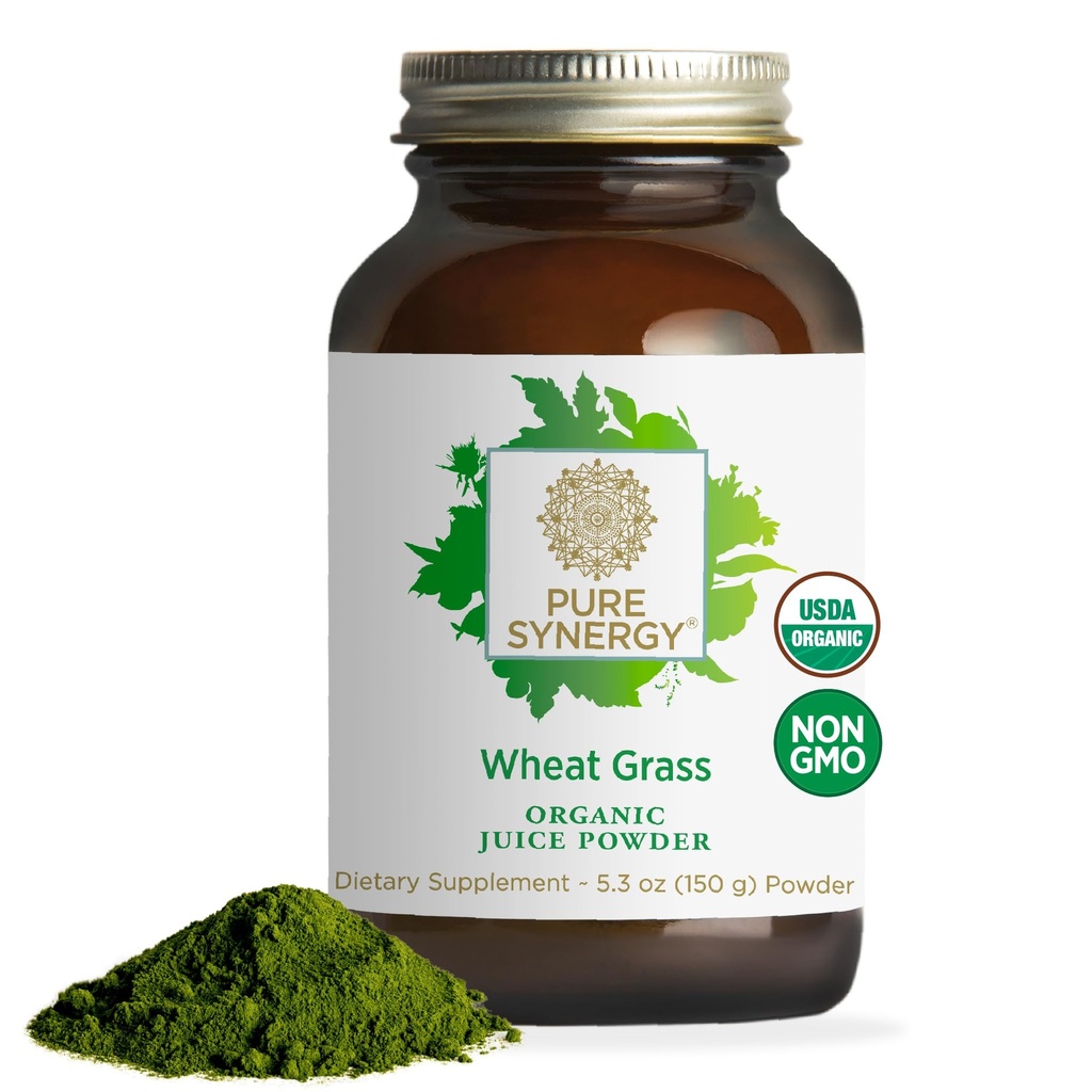 PURE SYNERGY Økologisk Hvedegræs Juice Powder # 124; Chlorophyll- Rich Green Juice Powder # 124; Raw Organic USA Hvedegræs # 124; for energi, alkaline balance, og fordøjelsesstøtte (5.3 oz.)