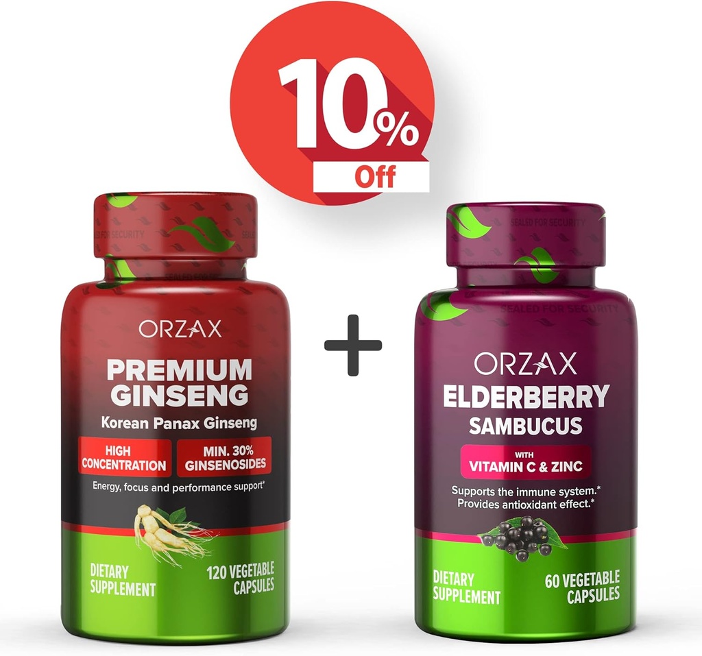 ORZAX Ginseng, 30% Ginsenosider, Premium 120 Vegetabilske kapsler og hyldebærkapsler, 2000mg 60 Vegetabilske kapsler, Bundle