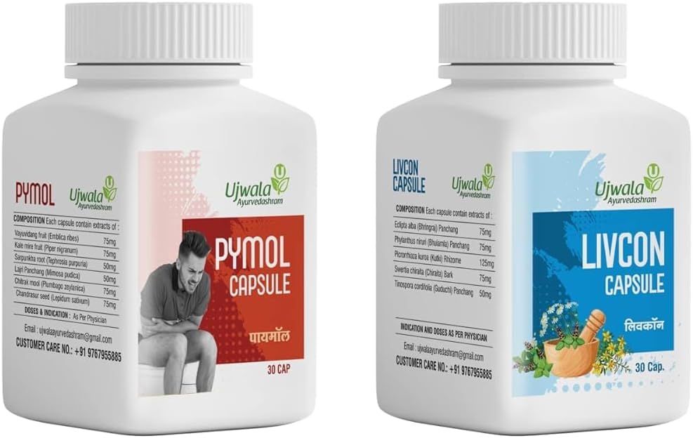 Generisk Dalal Pymol + Livcon Capsule (30 Cap) Hurtig lindring i blødning, brændende og smerte I for Piles, Fissure. Fistula, Inflammation & Rektum