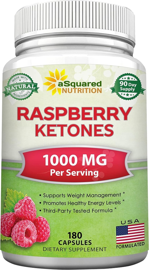 aSquared Nutrition Natural Raspberry Ketoner 1000mg- 180 Capsules- Weight Loss Supplement, Max Strength Plus Appetite Suppressant Diet Pills, Premium Lean Health Powder til at øge ren energi & Metabolisme