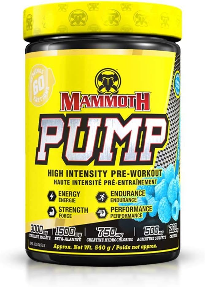 MAMMOTH PUMP - Pre Workout Pulver, Superior Muskelpumper, Forøg styrke & Endurance, Eksplosiv Power & Energy Supplement, Hævet fokus, Hurtig Inddrivelse, Reduceret ømhed (60 Server, Blå