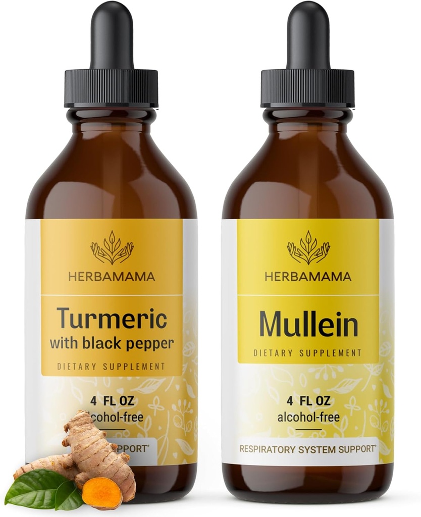 HERBAMAMA Liquid Drops Kit - Bundle of Gurkemeje Curcumin Extract & Mullein Leaf Tincture - Vegan, Non- GMO, Sugar & Alcohol- Free - 2 Pack