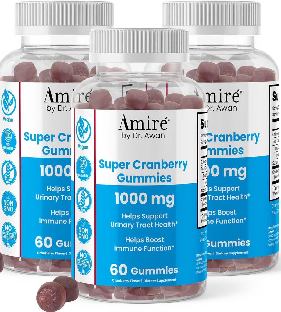 Amire by Dr. Awan Super Cranberry Gummies, Helps Support Urinary Tract Health, Helps Boosts Immune Function, Gelatin-Free Cranberry Chews for Men & Women, 180ct, 90-Day Supply