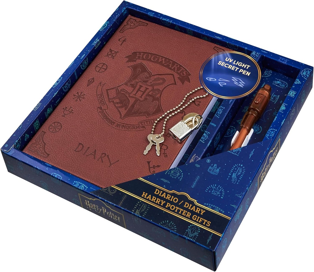 Harry Potter Lockable Dagbog med UV Usynlig Ink Pen til børn, Teens, Secret Journal med nøgle, linede sider, Stationery Supplies, Gaver til børn (Brown UV Pen)